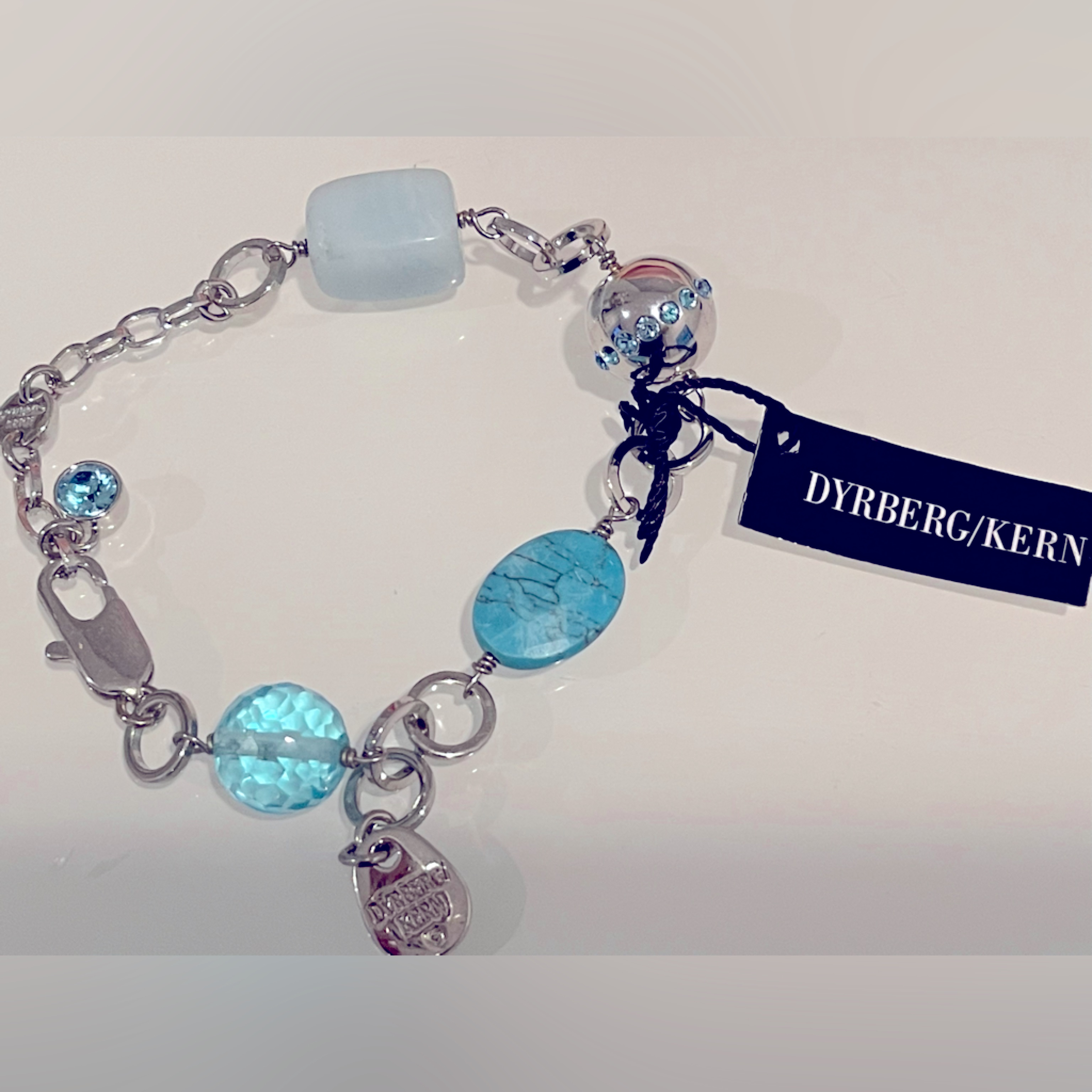 Gorgeous New Silver Bracelet With Swarovski Crystals & Blue Gem From Designer Dk